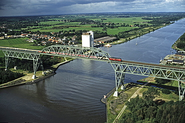 aerial photo of Kiel Canal, rail bridge, train, Hochdonn, Schleswig Holstein, northern Germany