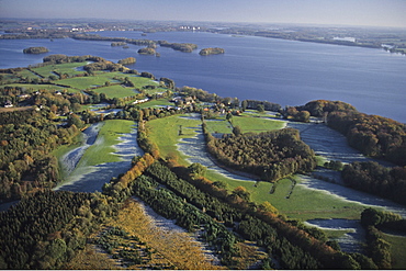 aerial photo of lakes, Holstein Switzerland, Ploener Lake, forest, morning frost, Schleswig Holstein, northern Germany