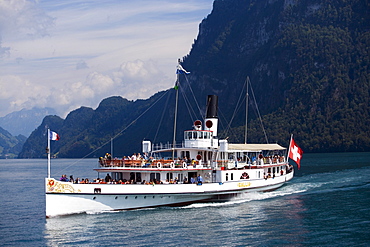 Paddle Wheel Steamer DS Gallia on Lake Lucerne, Buergenstock, Canton of Lucerne, Switzerland