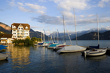 Hotel at harbor, Lake Lucerne, Weggis, Canton of Lucerne, Switzerland