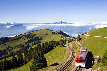 View over Rigi Kulm (1797 m) with rack railway Vitznau Rigi Bahn, the first mountain railway of Europe, mountain panorama with mount Pilatus (2132 m) in background, Rigi Kulm, Canton of Schwyz, Switzerland