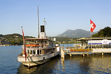 Paddle Wheel Steamer DS Unterwalden on Lake Luzerne at Bahnhofsquai (ship station), Lucerne, Canton of Lucerne, Switzerland