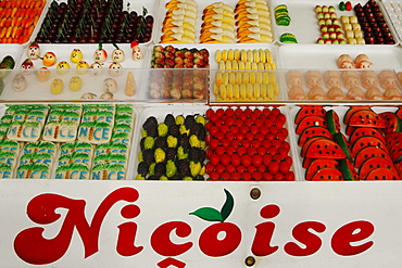 France, Nice, Cours Saleya, market stall with sweets