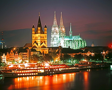 Night over Cologne with cathedral and St. Martin, Cologne, Germany