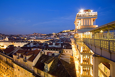 Portugal, Lisbon, Portugal, Lisbon, Portugal, View from Elevator Santa Justa towords Castelo Sao Jorge at twilight