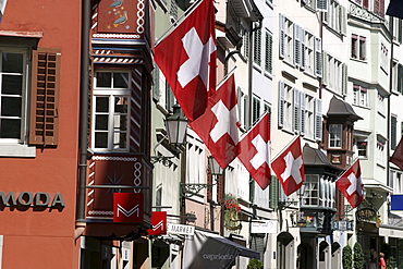 Switzerland, Zuerich, old city center, Augustinergasse, 1, august, swiss flags