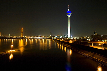 Media Harbour at night with television tower in the background, Duesseldorf, state capital of NRW, North-Rhine-Westphalia, Germany