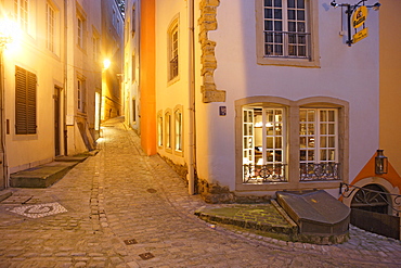 Restaurant in an alley in the evening, To Kastro, Luxembourg, Luxembourg, Europe