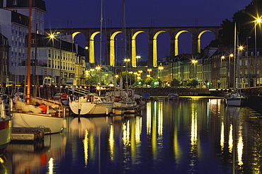 Morlaix at night with viaduct in the background, Bretagne, France