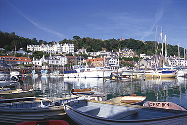 View of the harbour at St. Aubins with boats, Jersey, Channel Islands, Great Britain