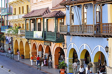 Colonial houses at Plaza de la Aduana, Cartagena, Columbia, South America