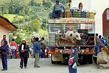 Busy road in the mountain village of Silvia, Columbia, South America