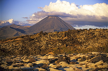 View over barren landscape to Mt.Ngauruhoe, Tongariro National Park, North Island, New Zealand