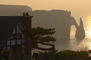 Chalk-cliffs at the coast of Etretat at sunset, dept Seine-Maritime, Normandie, France, Europe