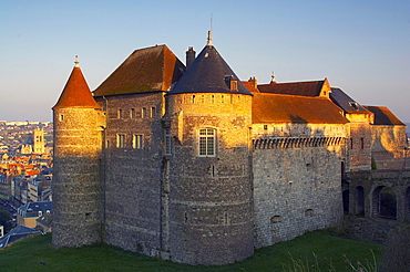 Sunset with castle-museum and cathedral, Dieppe, dept Seine-Maritime, Normandie, France, Europe