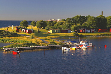 Beach and harbour near the bridge over the Oeresund near Malmoe, Skane, southern Sweden