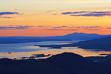 View from the Galtispuoda near Arjeplog to the landscape with lakes after sunset, Lapland, northern Sweden