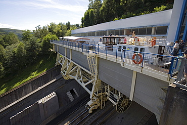 Houseboat and Tourist Boat on Arzviller Boat Lift, Saint-Louis-Arzviller Inclined Plane, Canal de la Marne au Rhin, near Arzviller, Alsace, France