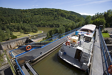 Houseboat and Tourist Boat on Arzviller Boat Lift, Saint-Louis-Arzviller Inclined Plane, Canal de la Marne au Rhin, near Arzviller, Alsace, France