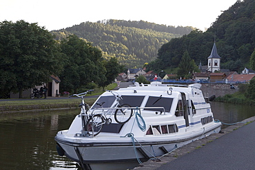 Houseboat Moored on Canal Bank, Crown Blue Line Crusader Houseboat, Canal de la Marne au Rhin, Lutzelbourg, Alsace, France