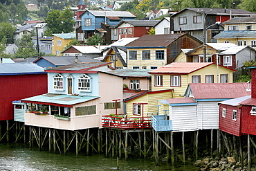 Wooden huts in the main town of Castro, Chilou island, Chile, South America