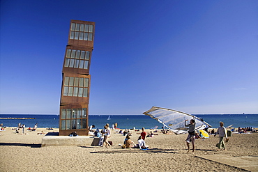 Spain Barcelona, beach, Platja de la Barceloneta, people, Sculpture by Rebecca Horn, girls sunbathing