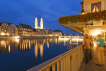 Zurich Limmat Hotel Storchen Pier background Grossmunster