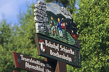 Saxony Anhalt, Germany, direction sign, hand carved, Brocken mountain, Brocken railway station