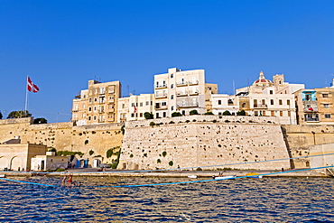 View at the old citiy wall under blue sky, Three Cities, Vittoriosa, Valletta, Malta, Europe