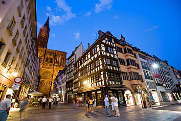 Rue Merciere and Strasbourg Cathedral in the evening, Strasbourg, Alsace, France