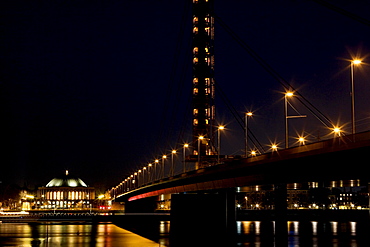 Oberkassel bridge and concert hall Tonhalle at night, Duesseldorf, North Rhine-Westphalia, Germany