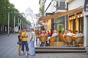 Laisves aleja (Liberty avenue) in Kaunas and the cupola of the church of St Michael the Archangel, Lithuania