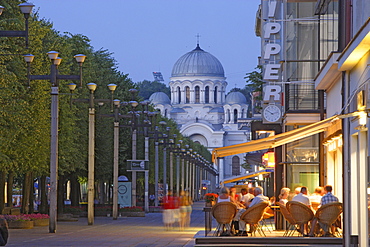 Laisves aleja (Liberty avenue) in Kaunas and the cupola of the church of St Michael the Archangel, Lithuania