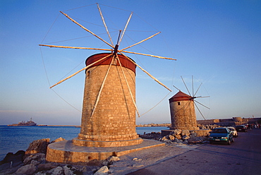 Windmills at Mandraki harbour, Rhodos, Dodecanes, Greece