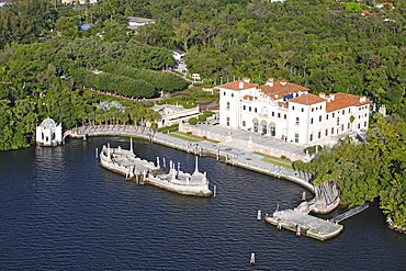 Aerial view of the Vizcaya palace on the waterfront, Florida, USA