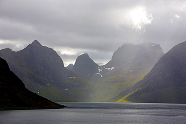 Rain and sunbeams in Selfjord, Flakstad Island, Lofoten, Norway