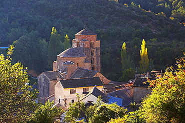 Early summer morning at a former Benedictine monastery with church, Santa MarÃŒa, Santa Cruz de la SerÃ›s, Huesca, Aragon, Spain