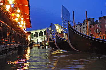 Restaurants, Gondola, Rialto Bridge, Venice, Veneto, Italy