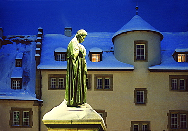 Schiller statue in snow, Schillerplatz, Stuttgart, Baden Wuerttemberg, Germany, Europe