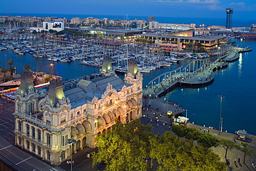 stately building of Port de Barcelona, Rambla del Mar, Port Vell, old harbour, Ciutat Vella, Barcelona, Catalonia, Spain