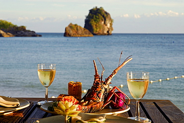 Spiny Lobster dish at Beach Restaurant The Grotto with sea view, Hotel Rayavadee, Hat Phra Nang, Krabi, Thailand