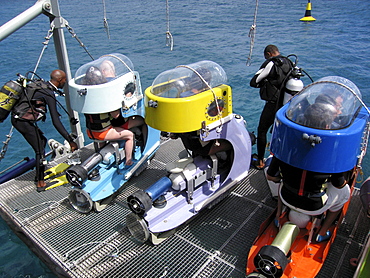 Sub-Scooters Being Lowered From Operations Platform, Blue Safari Submarine, Trou aux Biches, Riviere du Rempart District, Mauritius