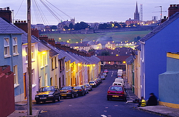 Houses in Bogside, Derry, Co. Londonderry, Northern Ireland, Great Britain, Europe. The Bogside Massacre, Bloody Sunday, was an incident in 1972 where civil rights protesters were shot by members of the Parachute Regiment. 14 people died, among whom 8 were youths. 4 people were shot in the back. The area has been a focus point for many of the events of the Troubles