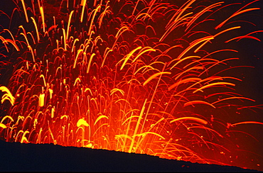 Close up of lava fountain of Yasur volcano at night, Tanna, Vanuatu, South Pacific, Oceania