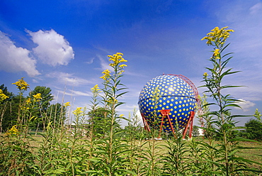 Gas tank in the shape of a ball, Rhine Herne Canal, Ruhr, Ruhr Valley, Northrhine Westphalia, Germany