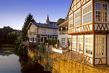 Cafe overlooking the river, Bridge Cafe, Kettwig, Essen, Ruhr Valley, Ruhr, Northrhine Westphalia, Germany