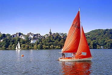 Sailing boats on a lake, Harkort lake, Wetter, Ruhr Valley, Ruhr, Northrhine, Westphalia, Germany