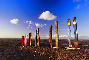 Totems from Agustin Ibarrola, Symbol for industry and nature, Halde Haniel, Bottrop, Ruhr Valley, Ruhr, Northrhine Westphalia, Germany