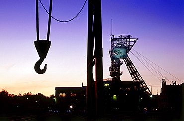 Headgear in twilight, LWL Museum Zeche Zollern, Dortmund, North Rhine-Westphalia, Germany