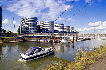 Marina with office buildings Five Boats, Inland harbour, Duisburg, Ruhr Valley, Ruhr, North Rhine Westphalia, Germany